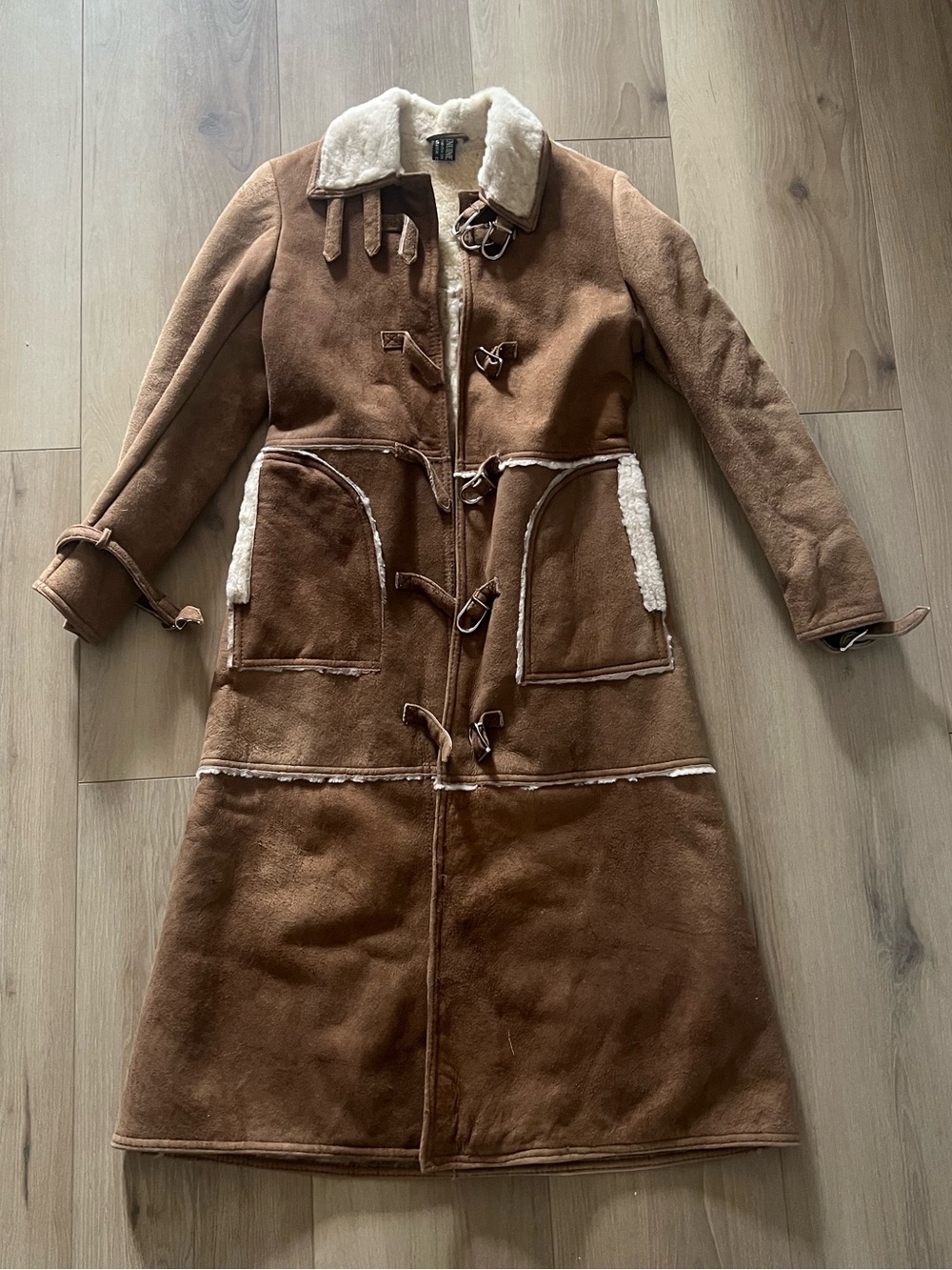 Leather and Sherpa Long Brown Coat